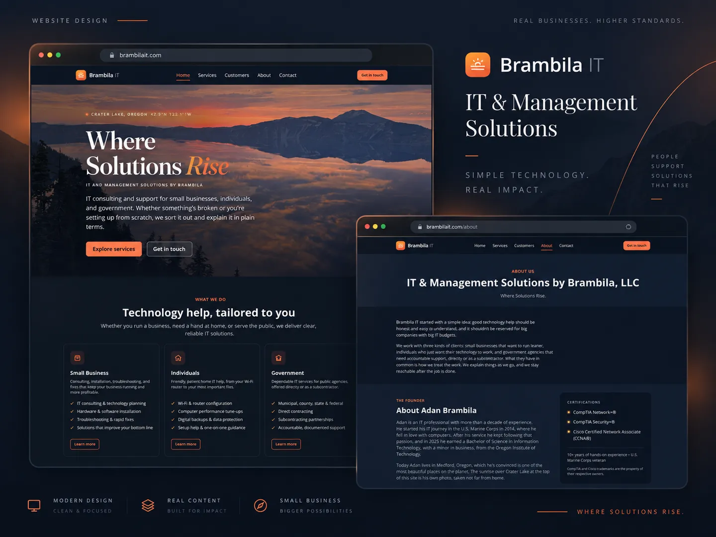 Brambila IT website home and about pages shown on desktop