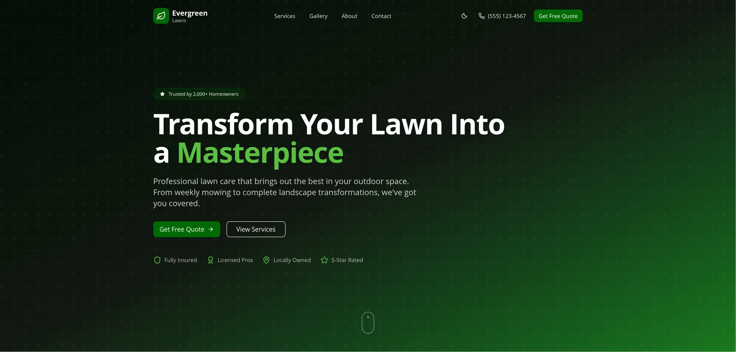 Evergreen Lawns lawn care concept homepage